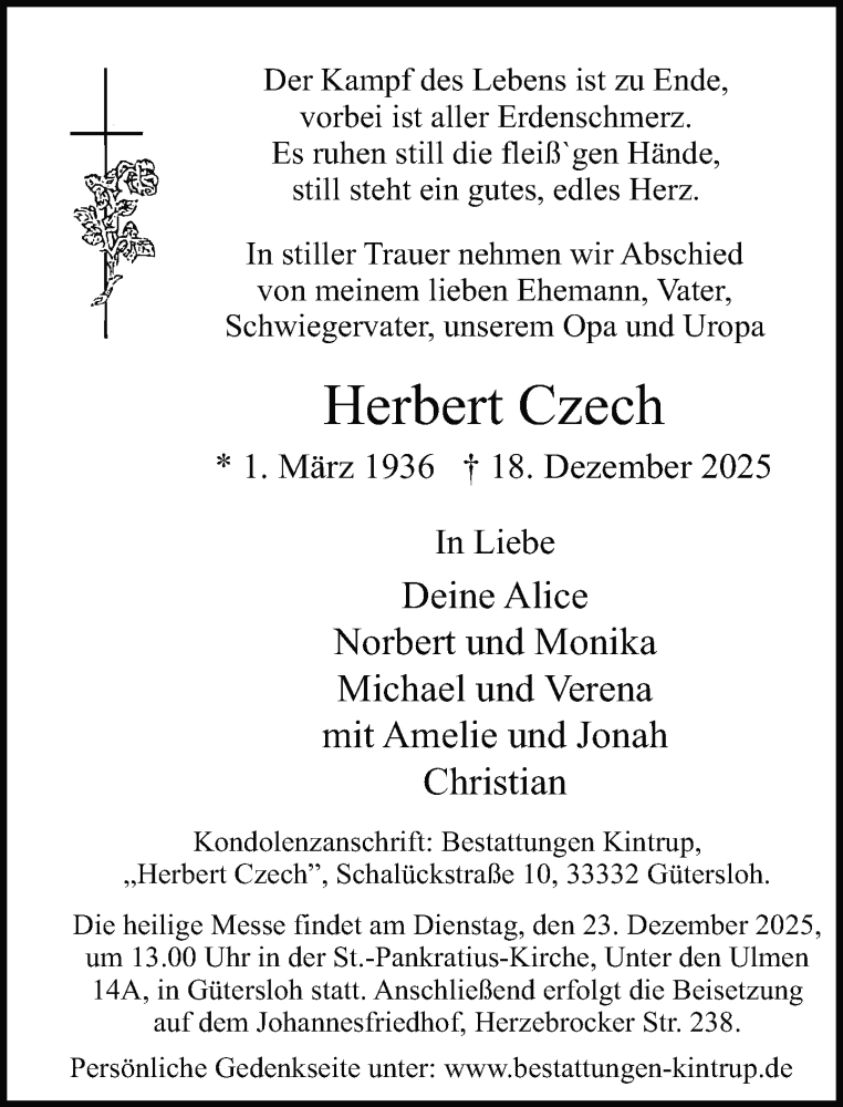  Traueranzeige für Herbert Czech vom 20.12.2025 aus Neue Westfälische und Westfalen-Blatt