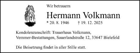 Traueranzeige von Hermann Volkmann von Neue Westfälische und Westfalen-Blatt