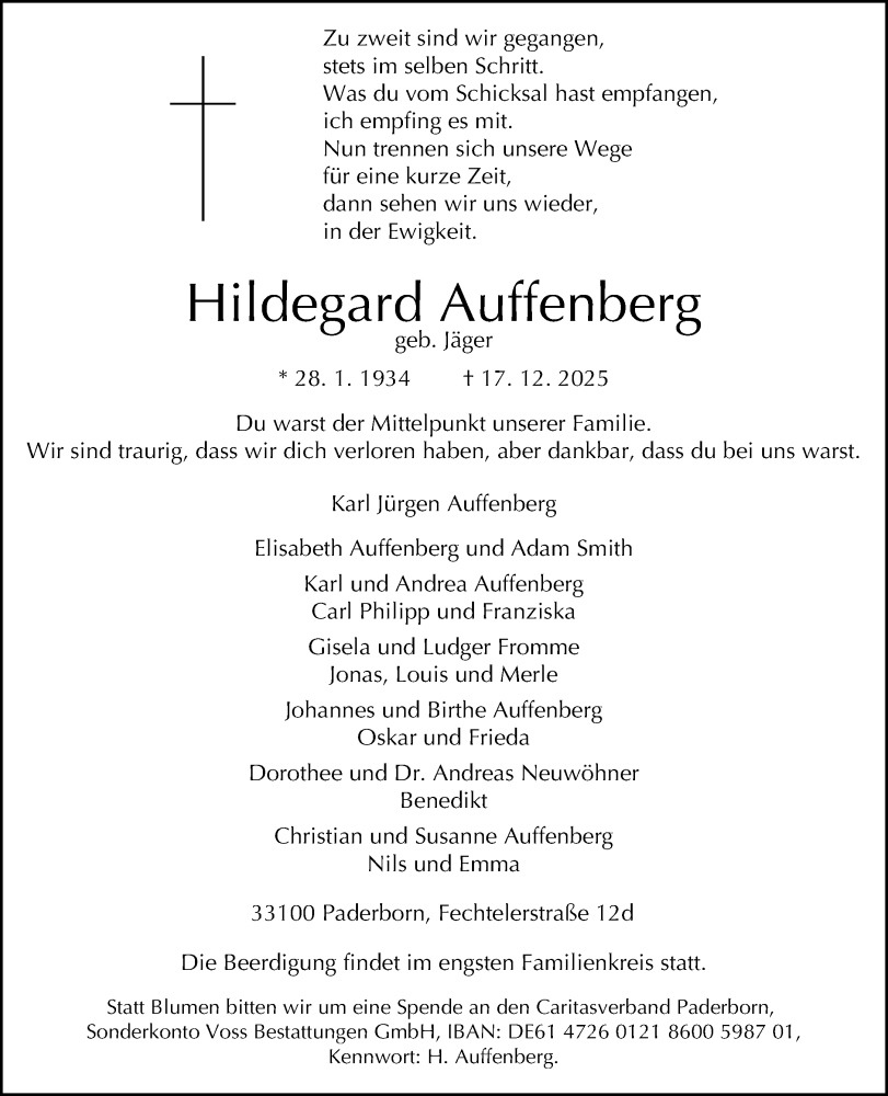  Traueranzeige für Hildegard Auffenberg vom 20.12.2025 aus Neue Westfälische und Westfalen-Blatt