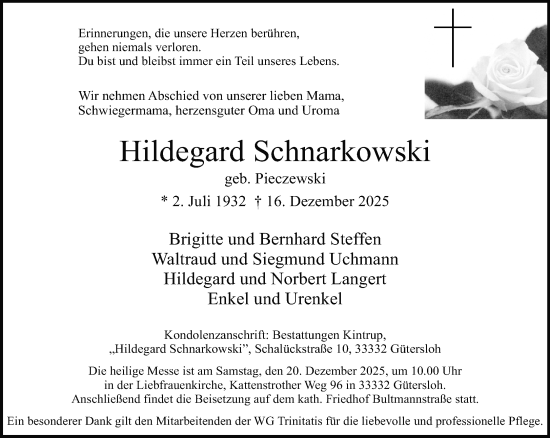 Traueranzeige von Hildegard Schnarkowski von Neue Westfälische und Westfalen-Blatt