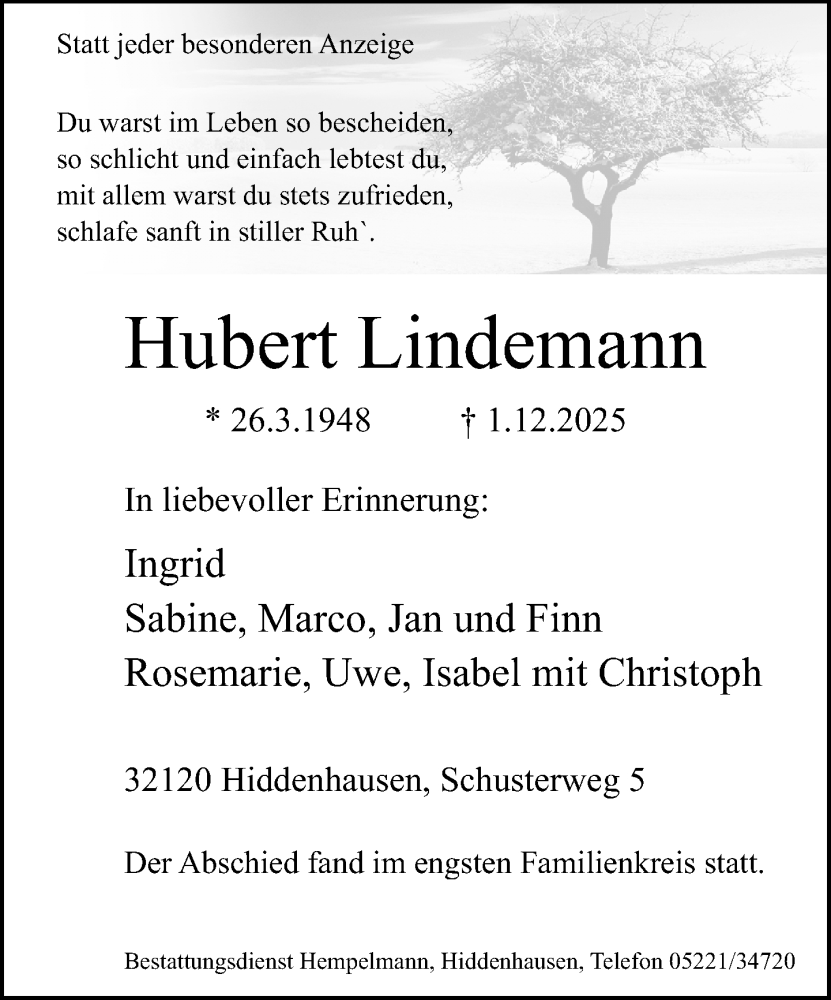  Traueranzeige für Hubert Lindemann vom 13.12.2025 aus Neue Westfälische und Westfalen-Blatt