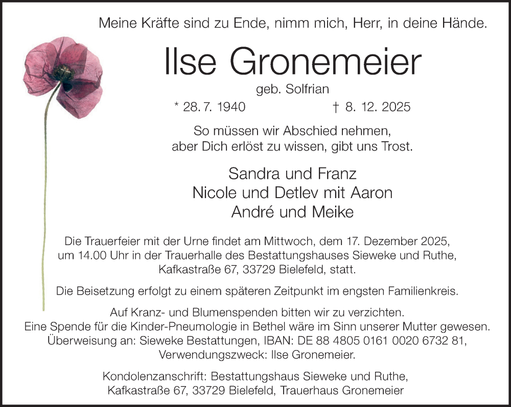  Traueranzeige für Ilse Gronemeier vom 13.12.2025 aus Neue Westfälische und Westfalen-Blatt