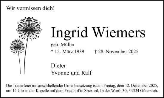 Traueranzeige von Ingrid Wiemers von Neue Westfälische und Westfalen-Blatt