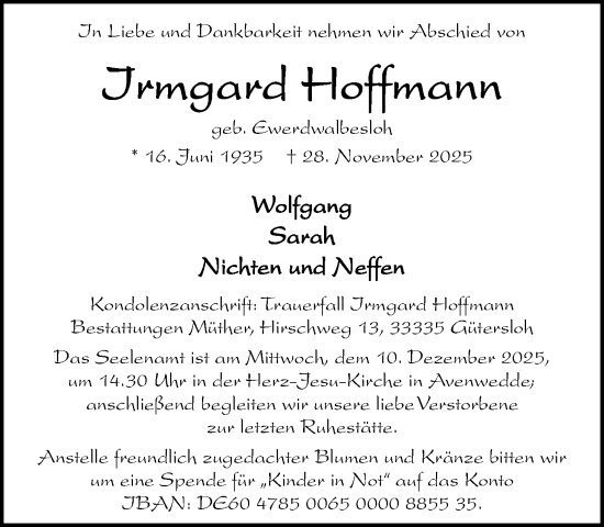 Traueranzeige von Irmgard Hoffmann von Neue Westfälische und Westfalen-Blatt
