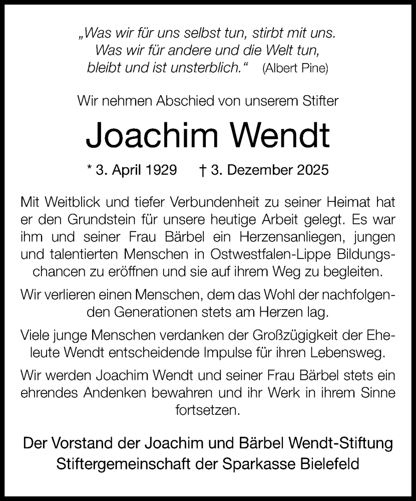  Traueranzeige für Joachim Wendt vom 10.12.2025 aus Neue Westfälische und Westfalen-Blatt