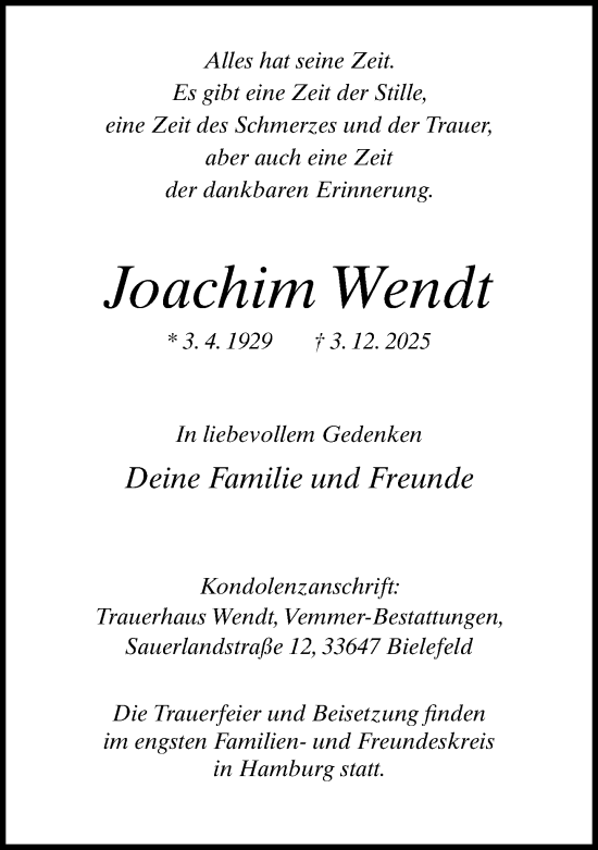 Traueranzeige von Joachim Wendt von Neue Westfälische und Westfalen-Blatt