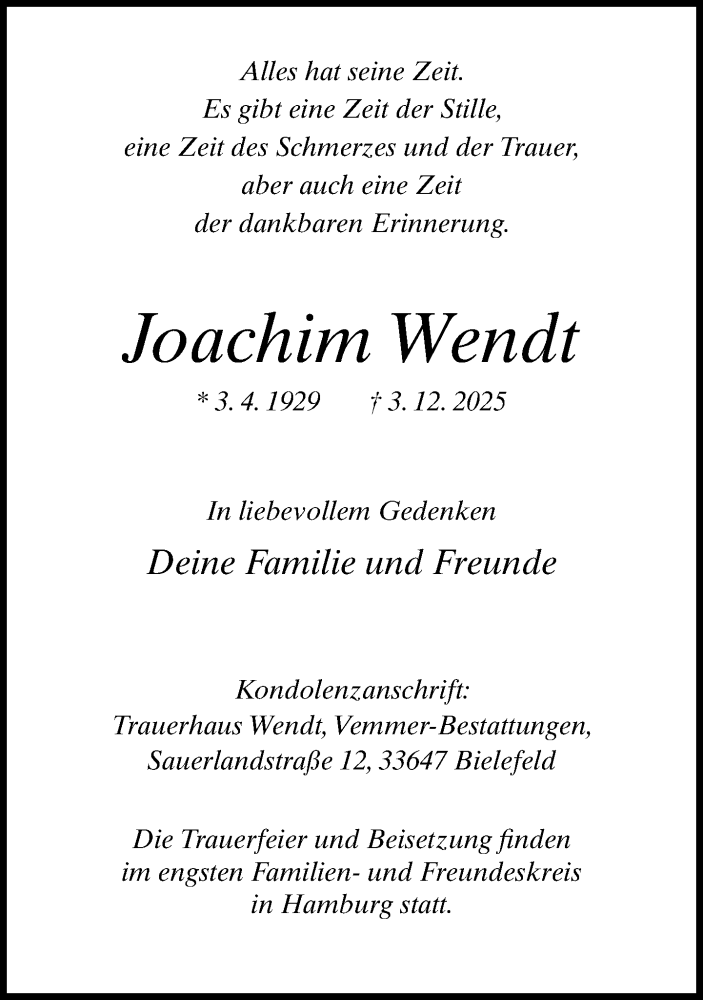  Traueranzeige für Joachim Wendt vom 06.12.2025 aus Neue Westfälische und Westfalen-Blatt