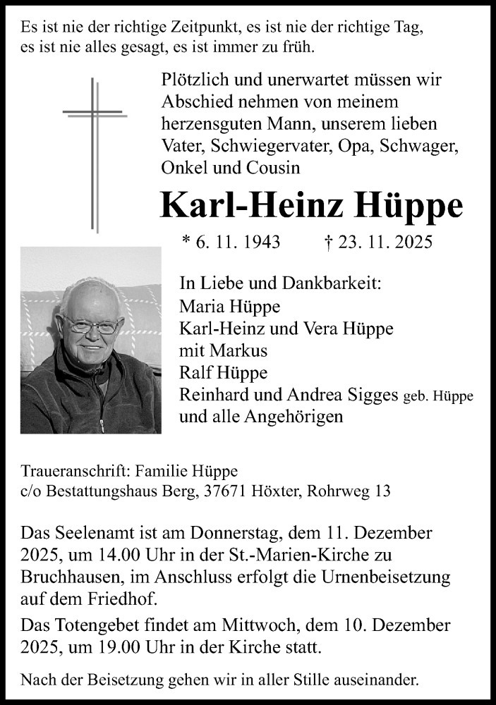  Traueranzeige für Karl-Heinz Hüppe vom 06.12.2025 aus Neue Westfälische und Westfalen-Blatt