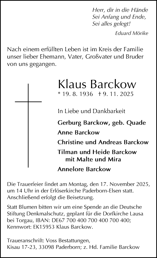 Traueranzeige von Klaus Barckow von Neue Westfälische und Westfalen-Blatt