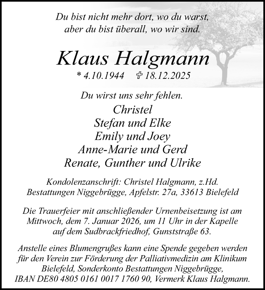  Traueranzeige für Klaus Halgmann vom 27.12.2025 aus Neue Westfälische und Westfalen-Blatt