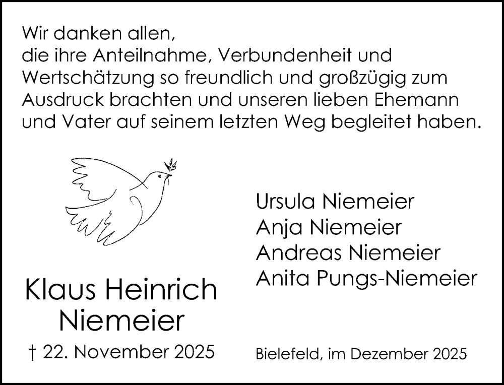  Traueranzeige für Klaus Heinrich Niemeier vom 20.12.2025 aus Neue Westfälische und Westfalen-Blatt