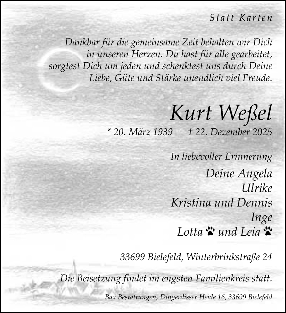  Traueranzeige für Kurt Weßel vom 31.12.2025 aus Neue Westfälische und Westfalen-Blatt