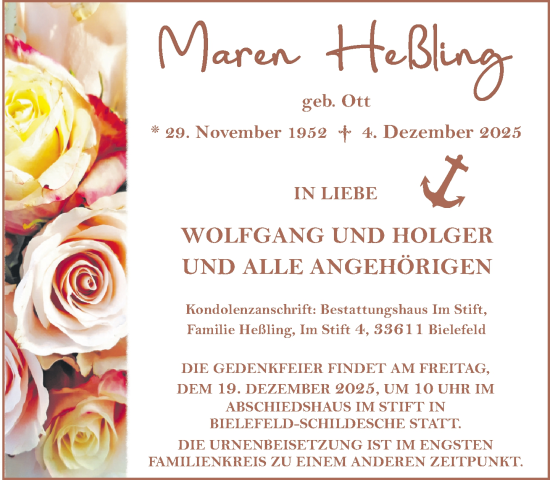 Traueranzeige von Maren Heßling von Neue Westfälische und Westfalen-Blatt