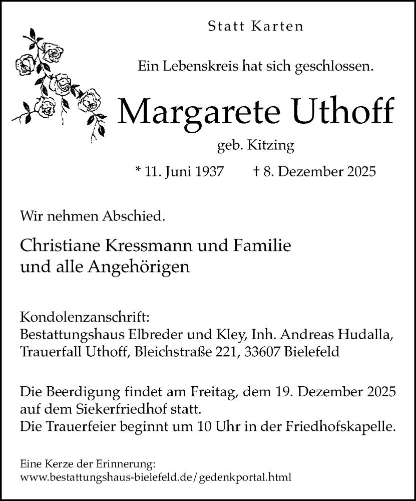  Traueranzeige für Margarete Uthoff vom 13.12.2025 aus Neue Westfälische und Westfalen-Blatt