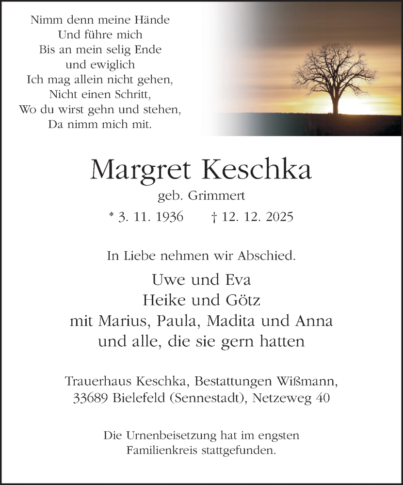  Traueranzeige für Margret Keschka vom 27.12.2025 aus Neue Westfälische und Westfalen-Blatt