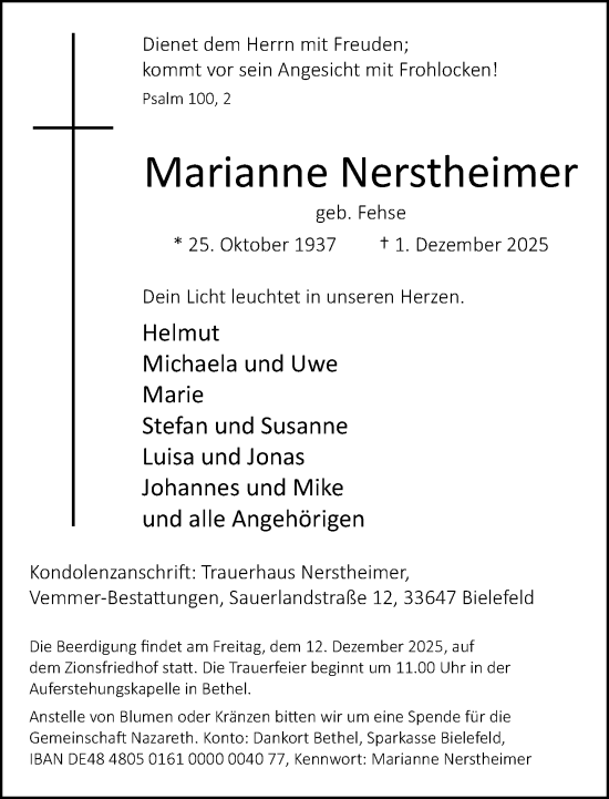 Traueranzeige von Marianne Nerstheimer von Neue Westfälische und Westfalen-Blatt