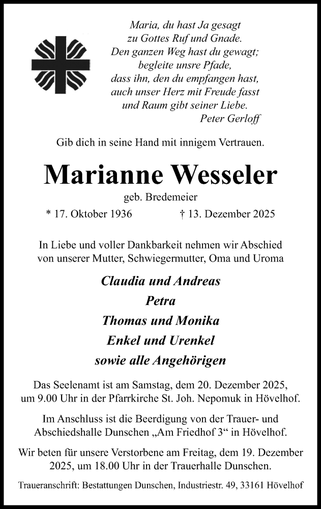  Traueranzeige für Marianne Wesseler vom 17.12.2025 aus Neue Westfälische und Westfalen-Blatt