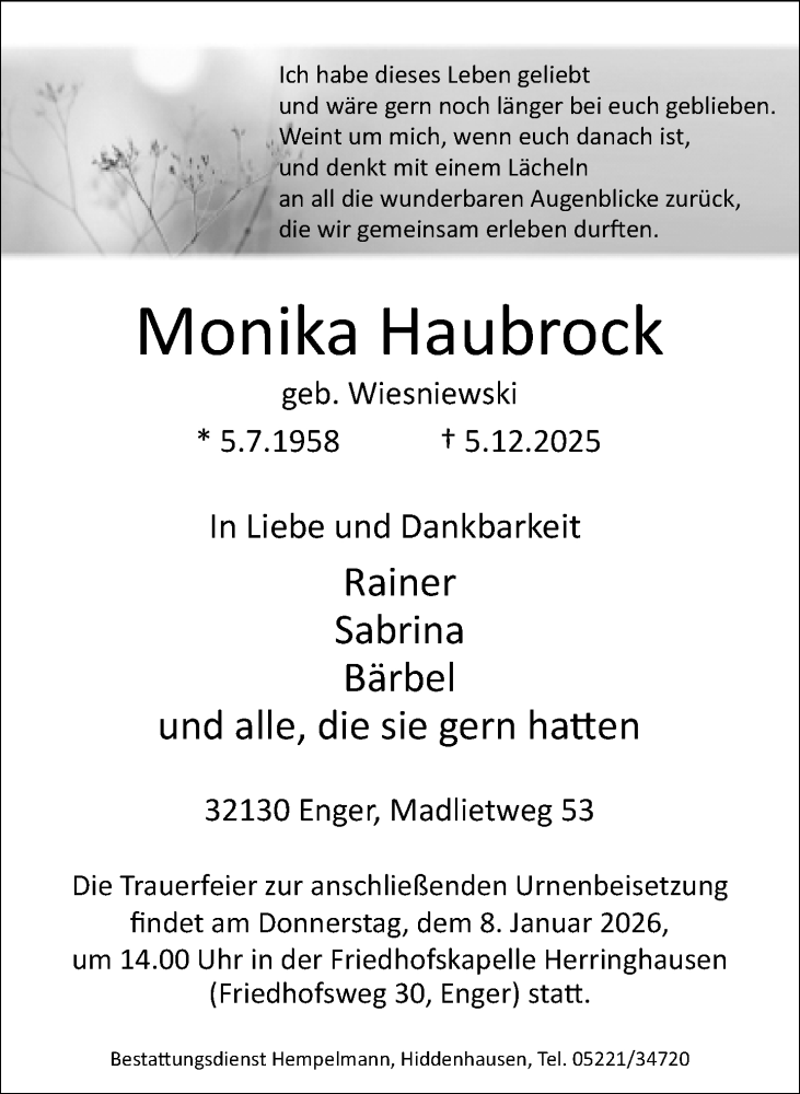  Traueranzeige für Monika Haubrock vom 13.12.2025 aus Neue Westfälische und Westfalen-Blatt