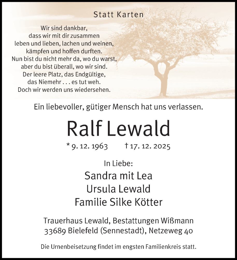  Traueranzeige für Ralf Lewald vom 20.12.2025 aus Neue Westfälische und Westfalen-Blatt