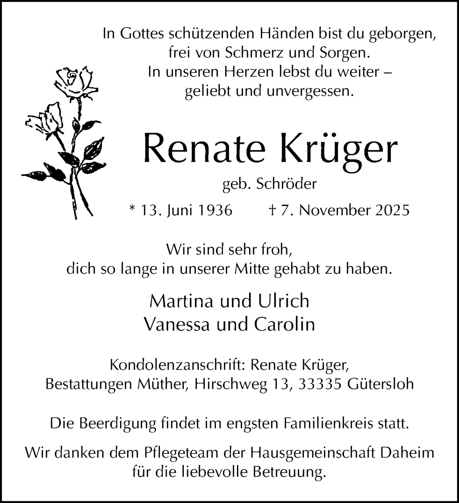  Traueranzeige für Renate Krüger vom 12.11.2025 aus Neue Westfälische und Westfalen-Blatt