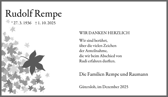 Traueranzeige von Rudolf Rempe von Neue Westfälische und Westfalen-Blatt