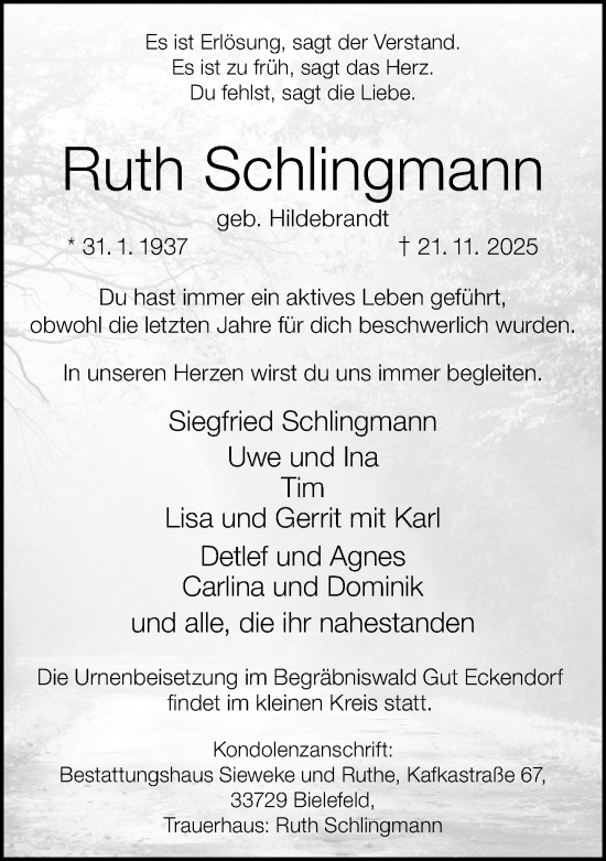Traueranzeige von Ruth Schlingmann von Neue Westfälische und Westfalen-Blatt