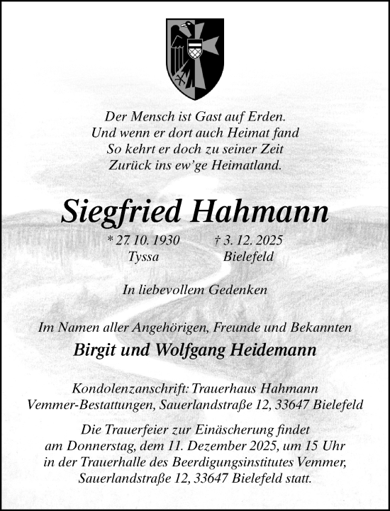 Traueranzeige von Siegfried Hahmann von Neue Westfälische und Westfalen-Blatt