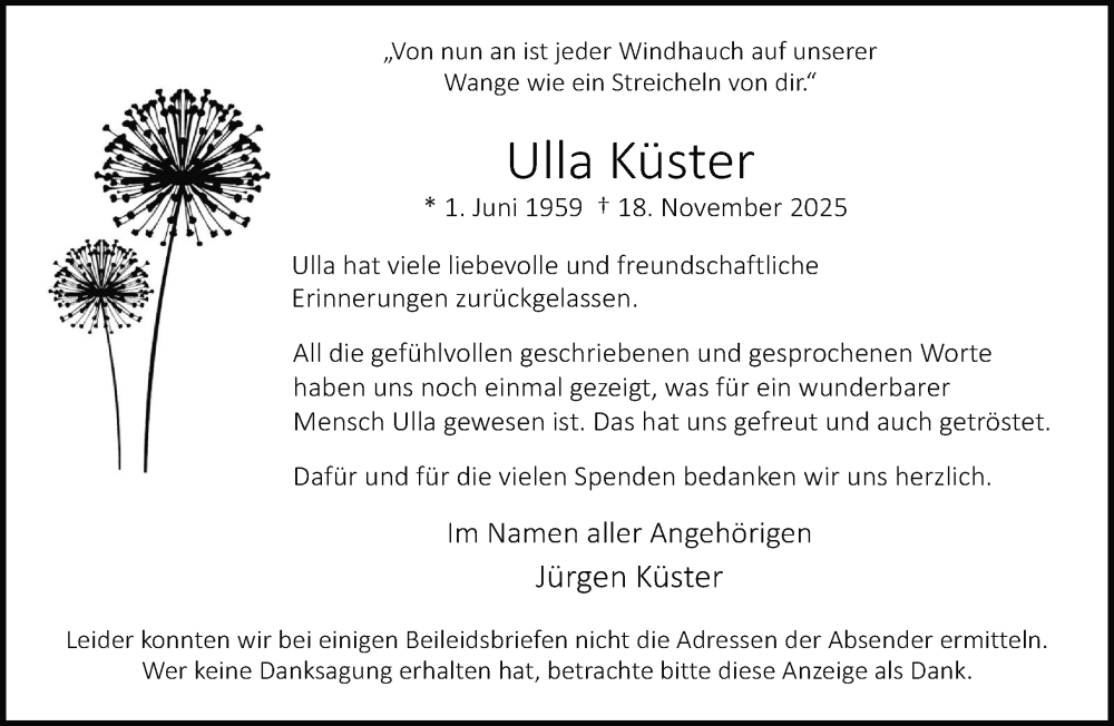  Traueranzeige für Ulla Küster vom 20.12.2025 aus Neue Westfälische und Westfalen-Blatt