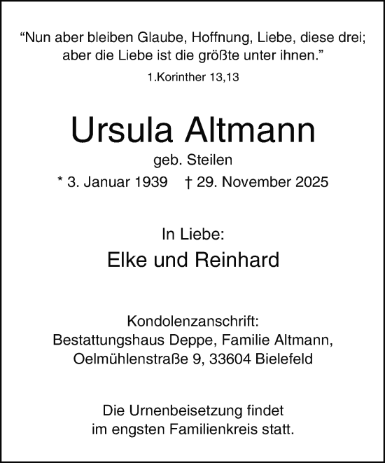 Traueranzeige von Ursula Altmann von Neue Westfälische und Westfalen-Blatt