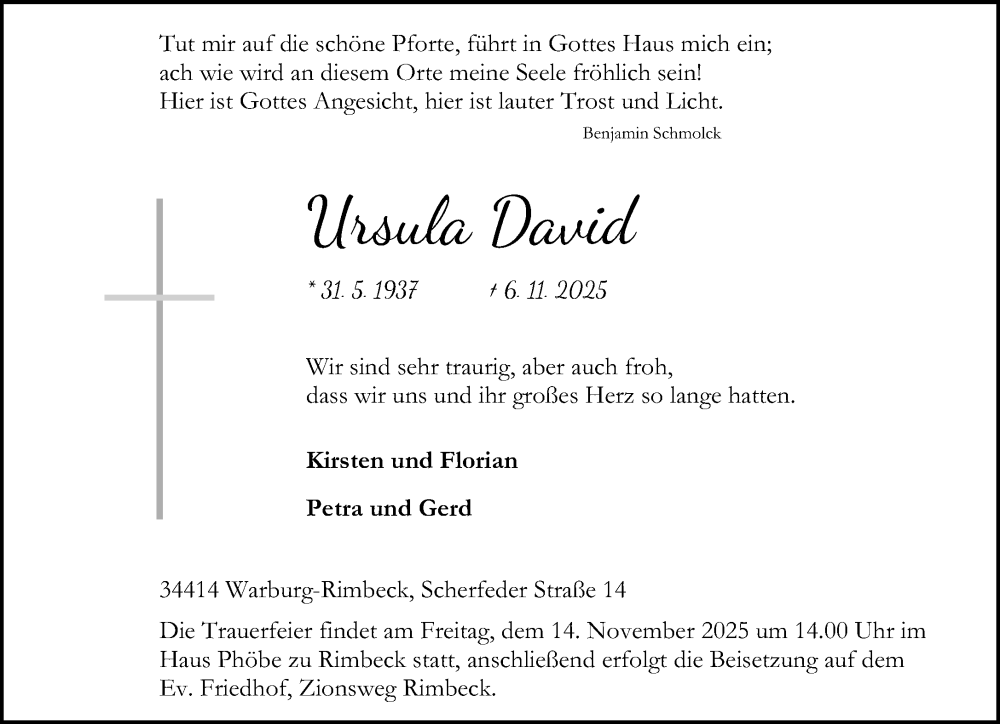  Traueranzeige für Ursula David vom 12.11.2025 aus Neue Westfälische und Westfalen-Blatt