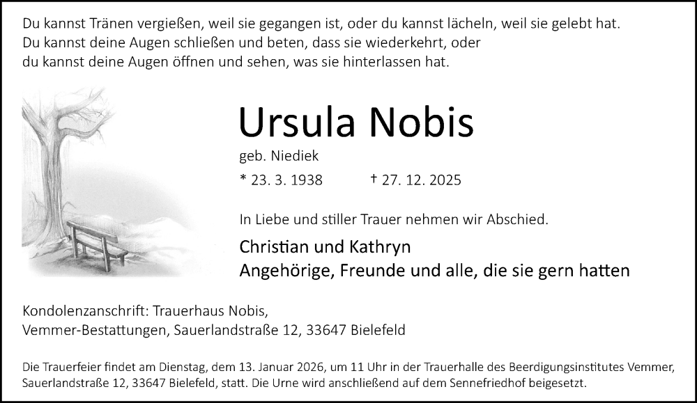  Traueranzeige für Ursula Nobis vom 31.12.2025 aus Neue Westfälische und Westfalen-Blatt