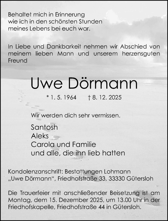 Traueranzeige von Uwe Dörmann von Neue Westfälische und Westfalen-Blatt