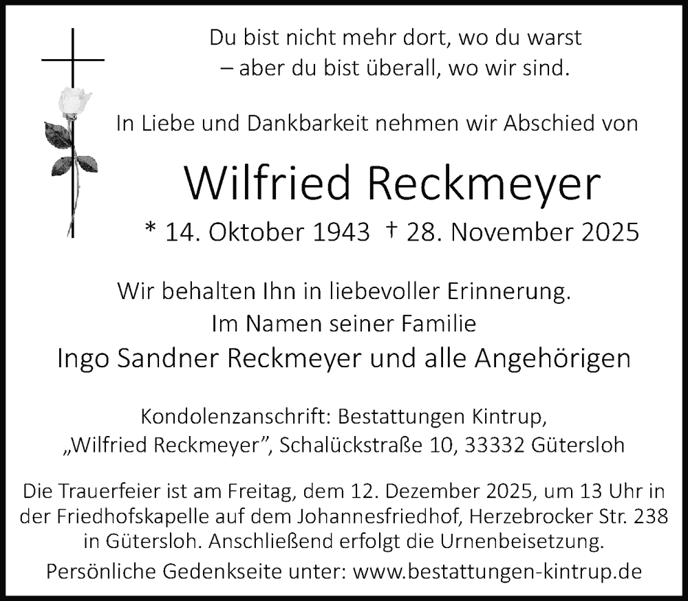  Traueranzeige für Wilfried Reckmeyer vom 06.12.2025 aus Neue Westfälische und Westfalen-Blatt