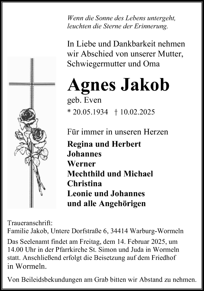  Traueranzeige für Agnes Jakob vom 12.02.2025 aus Neue Westfälische und Westfalen-Blatt