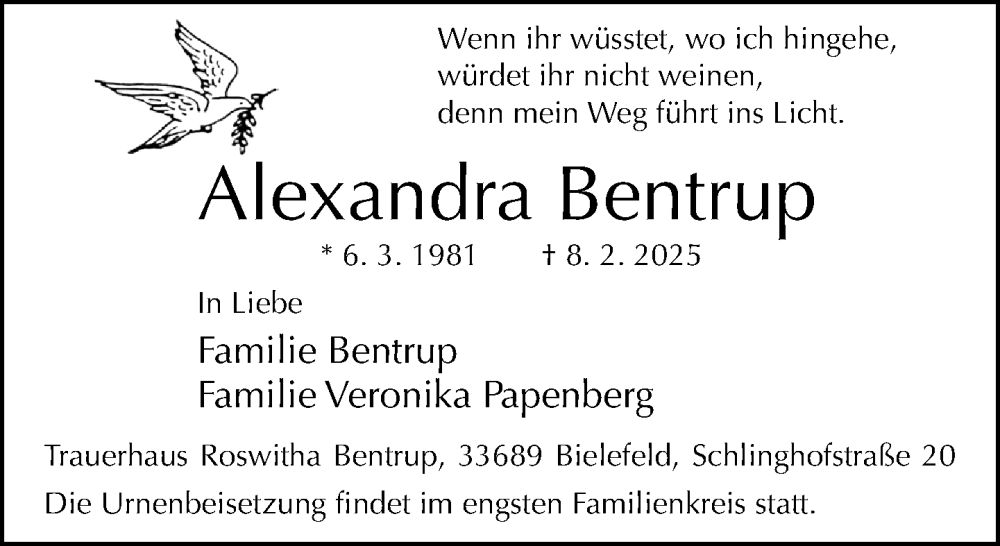  Traueranzeige für Alexandra Bentrup vom 15.02.2025 aus Neue Westfälische und Westfalen-Blatt