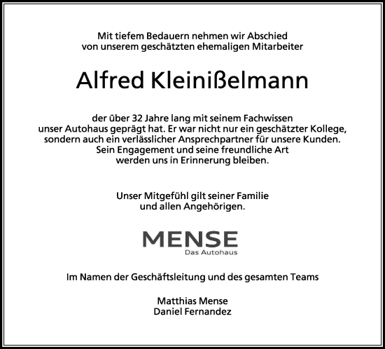 Traueranzeige von Alfred Kleinißelmann von Neue Westfälische und Westfalen-Blatt