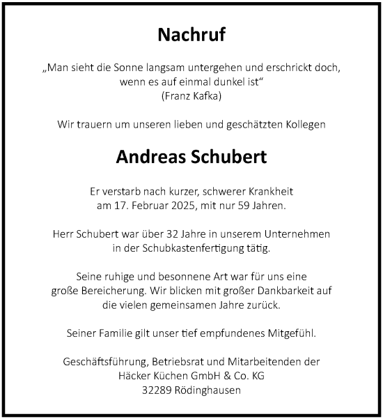 Traueranzeige von Andreas Schubert von Neue Westfälische und Westfalen-Blatt