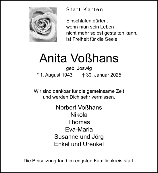 Traueranzeige von Anita Voßhans von Neue Westfälische und Westfalen-Blatt