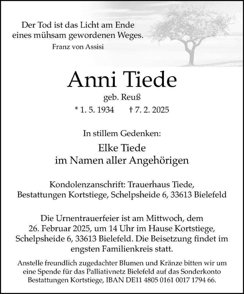  Traueranzeige für Anni Tiede vom 22.02.2025 aus Neue Westfälische und Westfalen-Blatt