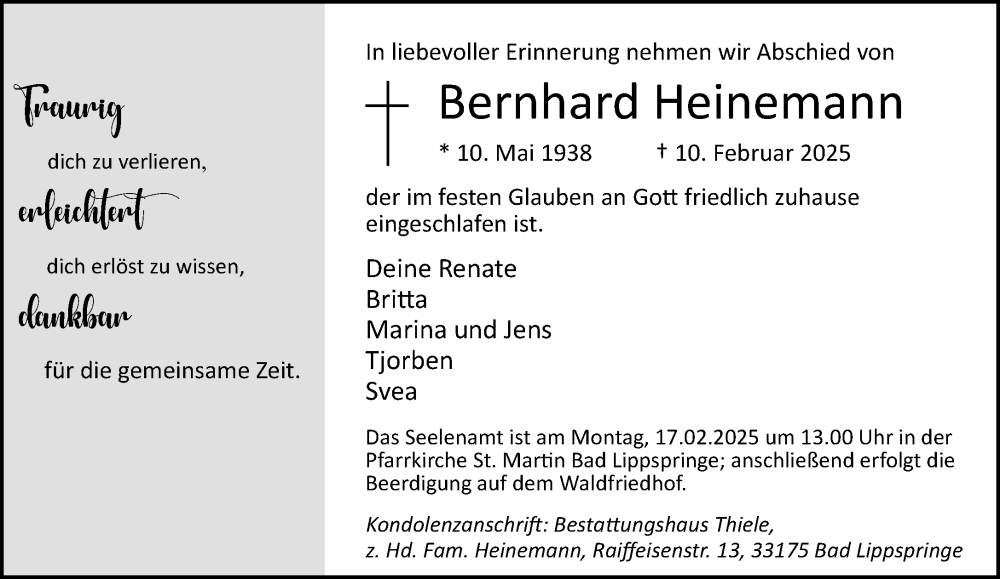  Traueranzeige für Bernhard Heinemann vom 15.02.2025 aus Neue Westfälische und Westfalen-Blatt
