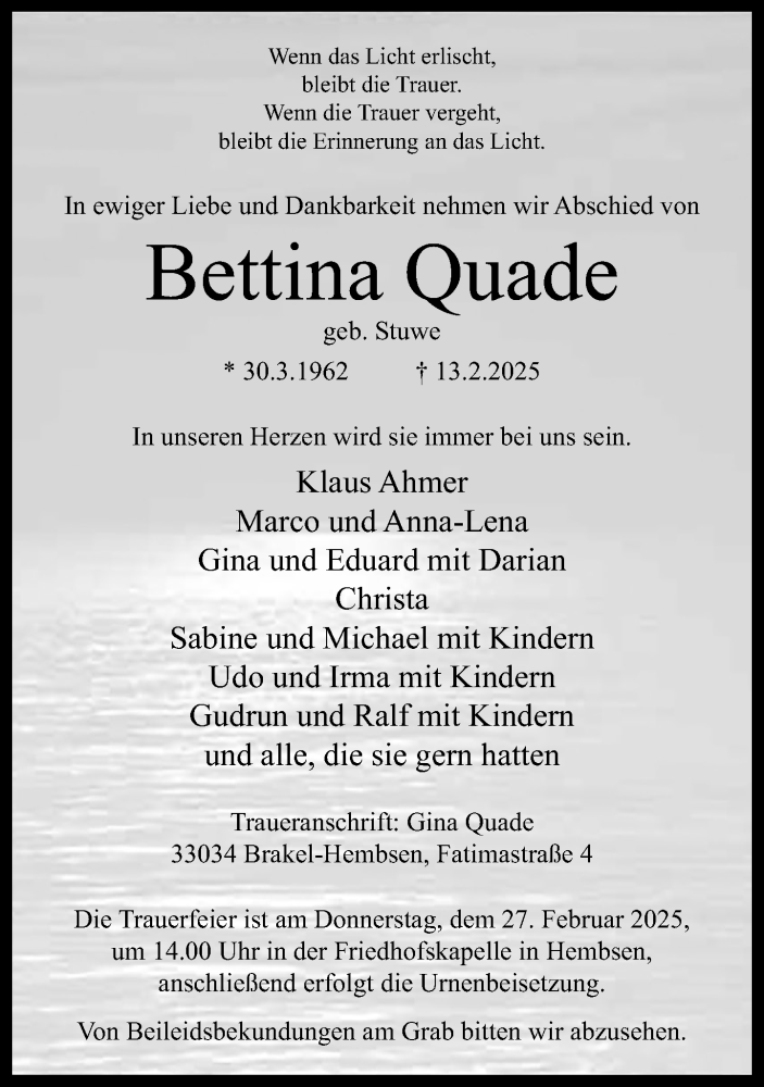  Traueranzeige für Bettina Quade vom 22.02.2025 aus Neue Westfälische und Westfalen-Blatt