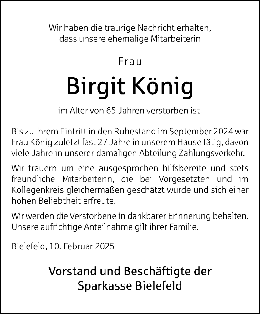  Traueranzeige für Birgit König vom 12.02.2025 aus Neue Westfälische und Westfalen-Blatt