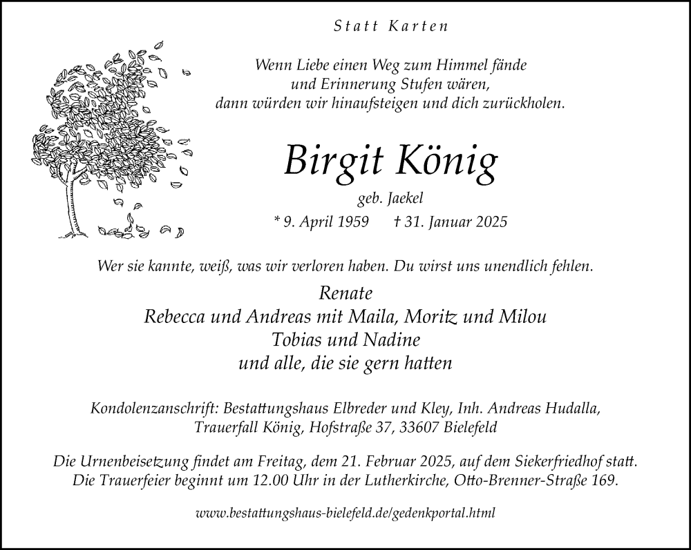  Traueranzeige für Birgit König vom 08.02.2025 aus Neue Westfälische und Westfalen-Blatt