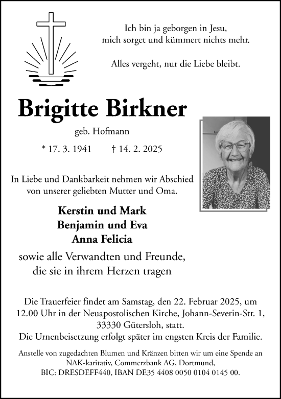 Traueranzeige von Brigitte Birkner von Neue Westfälische und Westfalen-Blatt