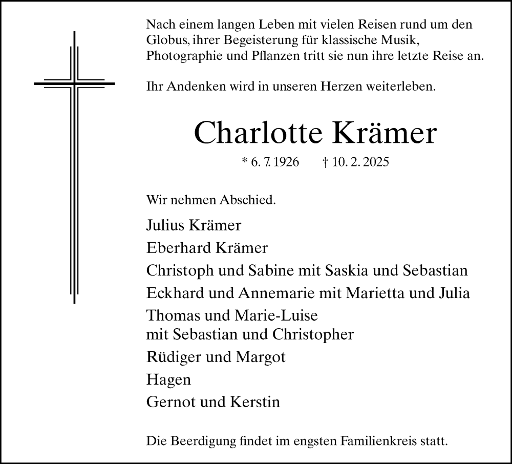  Traueranzeige für Charlotte Krämer vom 15.02.2025 aus Neue Westfälische und Westfalen-Blatt