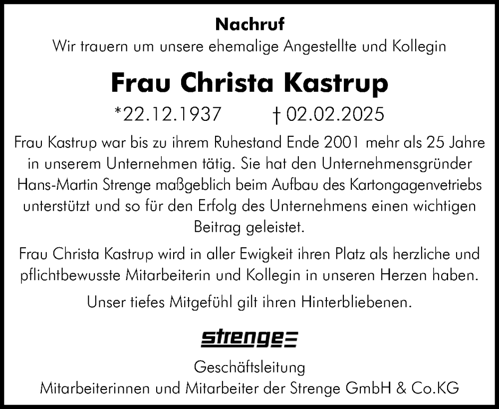  Traueranzeige für Christa Kastrup vom 15.02.2025 aus Neue Westfälische und Westfalen-Blatt