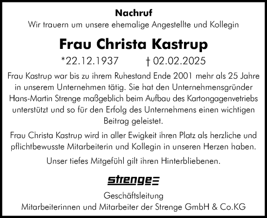 Traueranzeige von Christa Kastrup von Neue Westfälische und Westfalen-Blatt