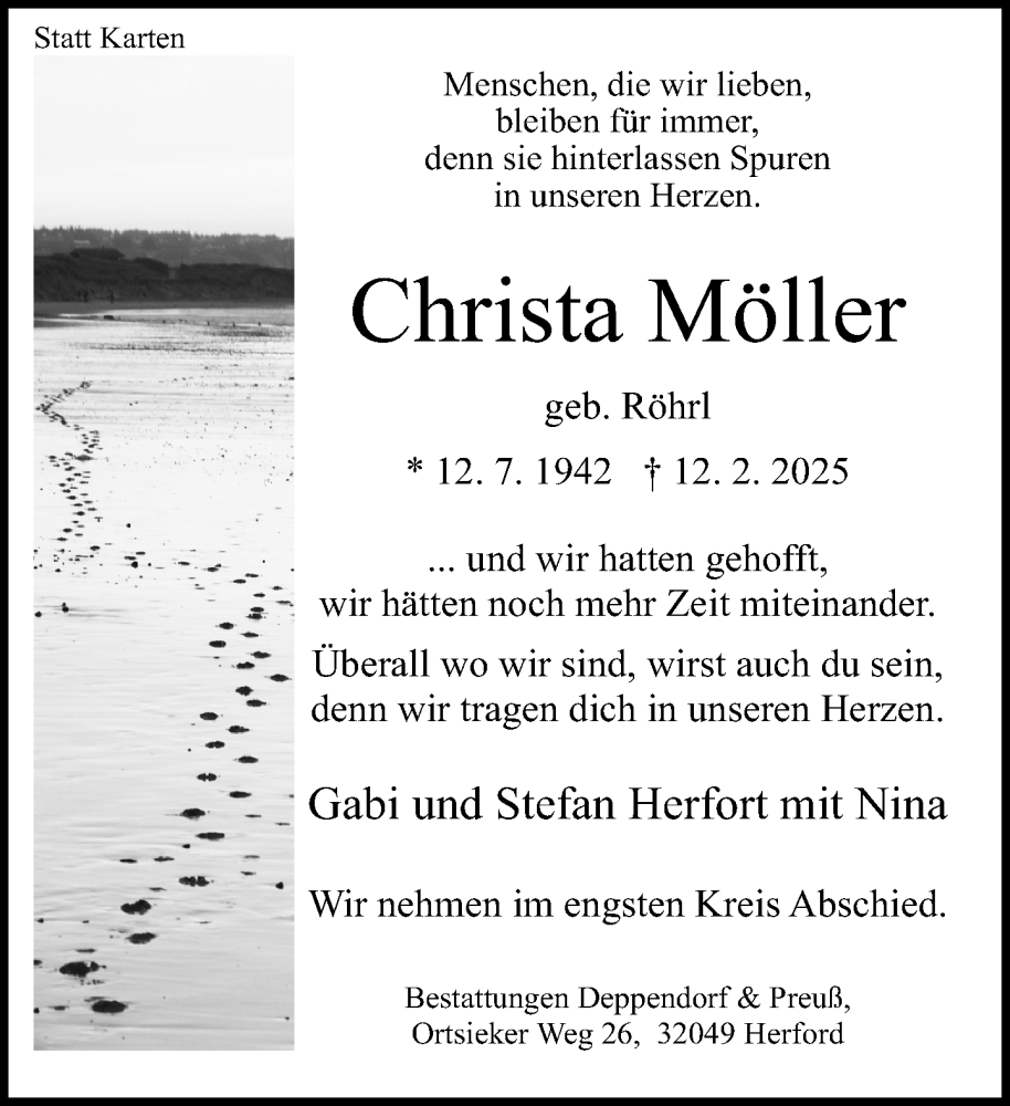  Traueranzeige für Christa Möller vom 15.02.2025 aus Neue Westfälische und Westfalen-Blatt