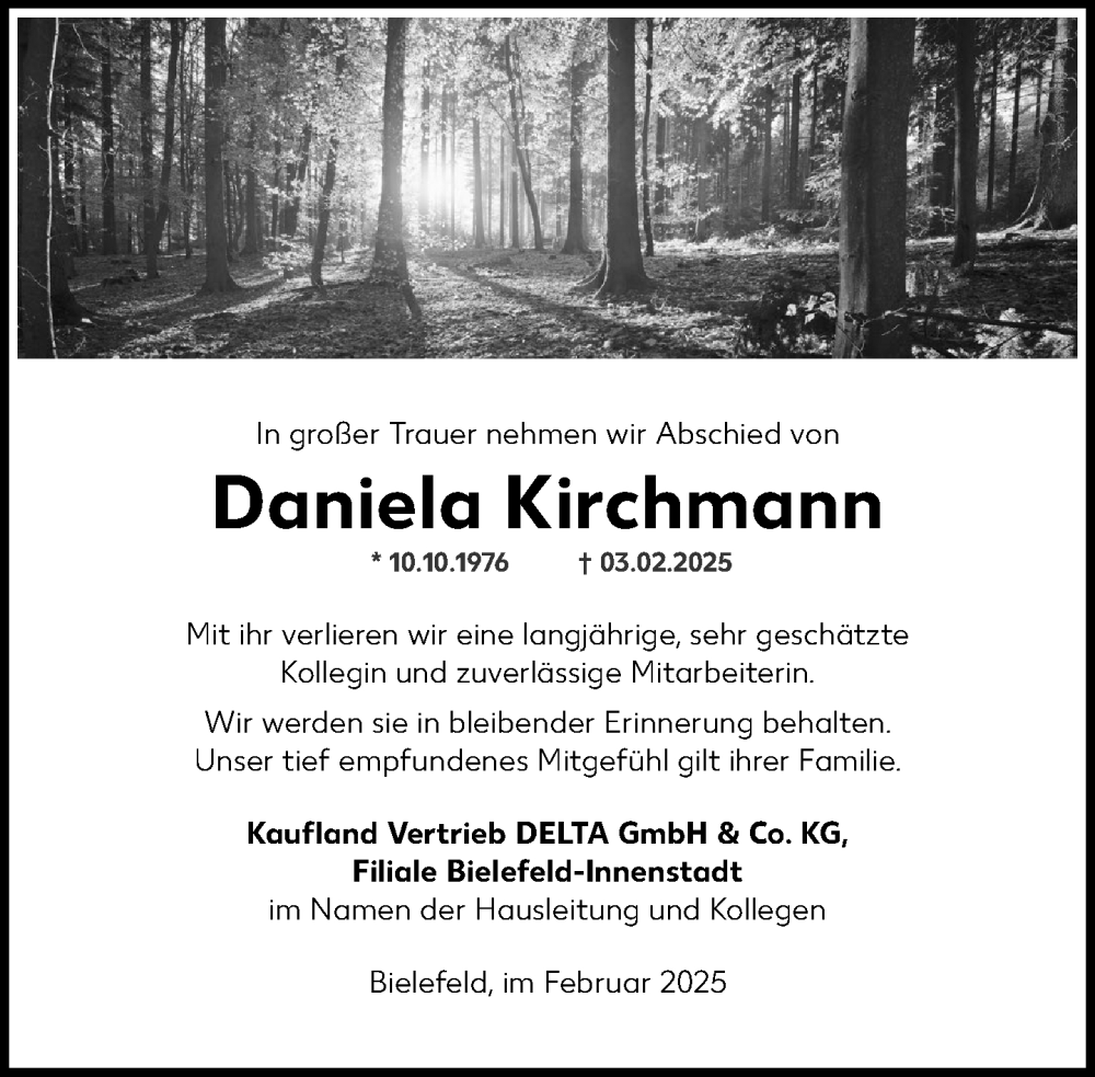  Traueranzeige für Daniela Kirchmann vom 17.02.2025 aus Neue Westfälische und Westfalen-Blatt
