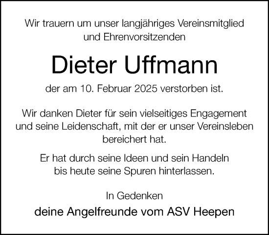 Traueranzeige von Dieter Uffmann von Neue Westfälische und Westfalen-Blatt